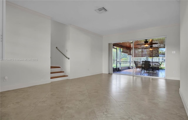 unfurnished room featuring a ceiling fan, stairs, visible vents, and crown molding