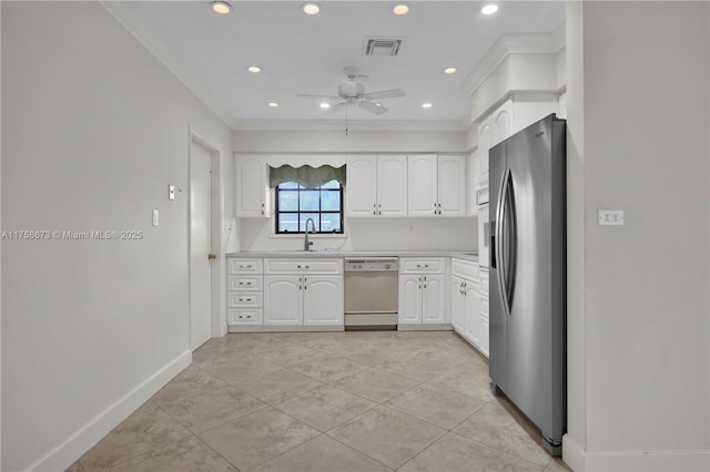 kitchen with stainless steel fridge, visible vents, white cabinets, dishwasher, and crown molding