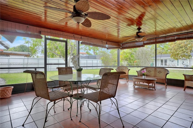 sunroom featuring wooden ceiling and ceiling fan