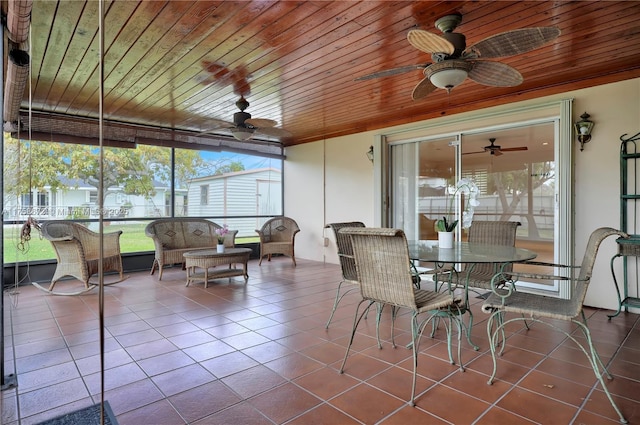 sunroom featuring wooden ceiling and ceiling fan