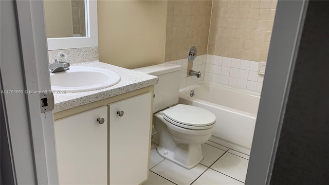 bathroom with toilet, bathing tub / shower combination, vanity, and tile patterned floors