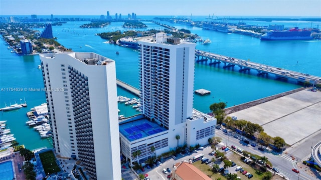 aerial view with a view of city and a water view