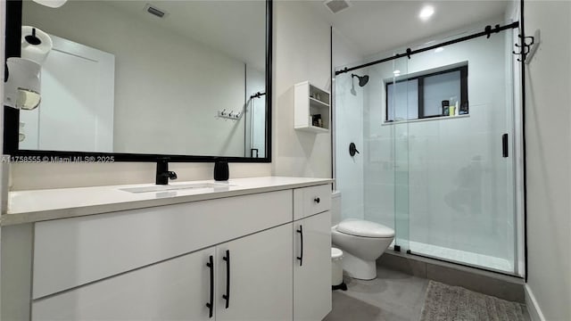 full bath featuring visible vents, a shower stall, toilet, and vanity