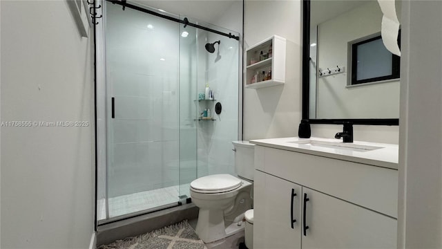 bathroom featuring vanity, a shower stall, and toilet