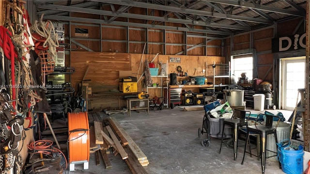 garage with a workshop area