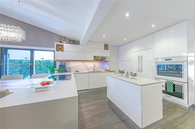 kitchen with dark wood finished floors, double oven, modern cabinets, and open shelves