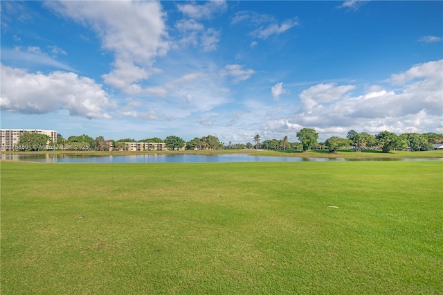 surrounding community with a yard and a water view