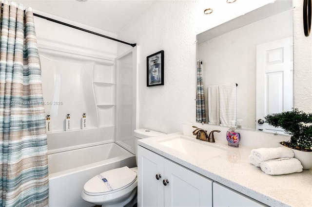 full bathroom featuring a textured wall, vanity, toilet, and shower / bath combo with shower curtain