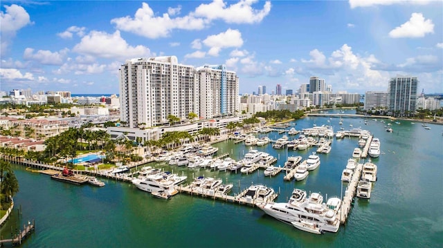 bird's eye view featuring a water view and a city view