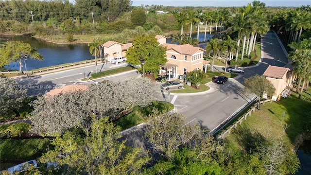 drone / aerial view with a water view