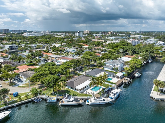 drone / aerial view with a water view