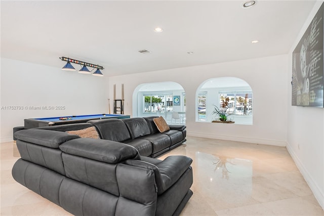 living area with billiards, visible vents, baseboards, arched walkways, and recessed lighting