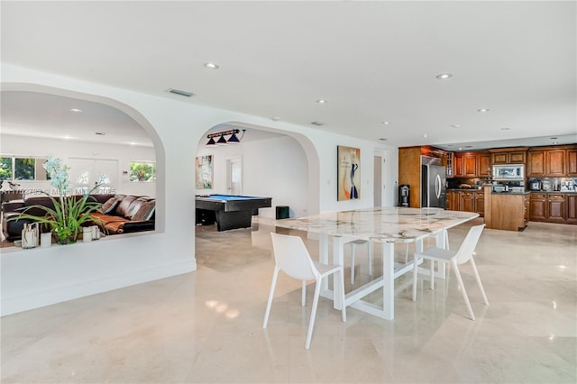 dining area featuring arched walkways, billiards, visible vents, and recessed lighting