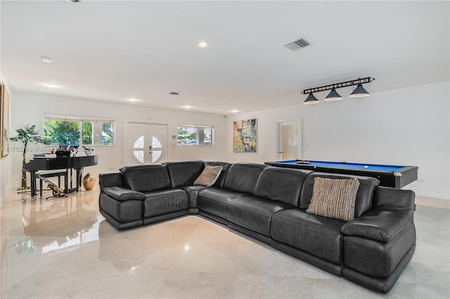 living area with visible vents, marble finish floor, billiards, recessed lighting, and baseboards