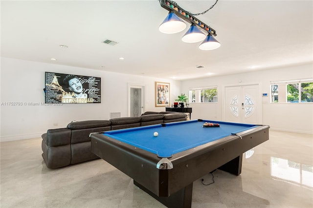 game room featuring pool table, recessed lighting, visible vents, and baseboards