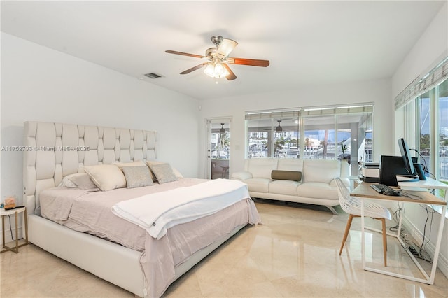 bedroom featuring access to exterior, visible vents, and a ceiling fan