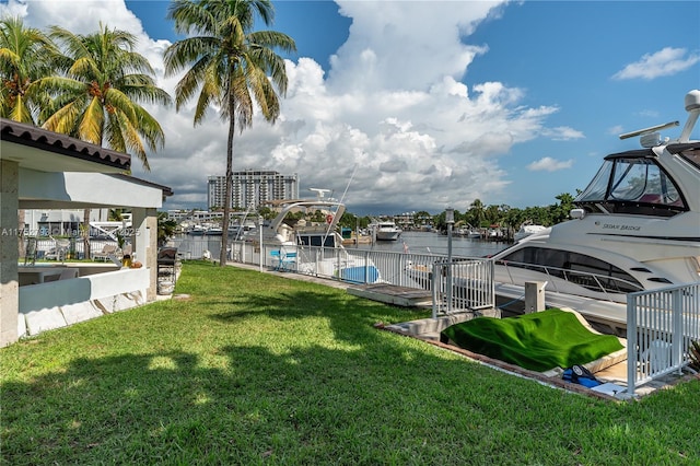 exterior space with a boat dock, a water view, and boat lift