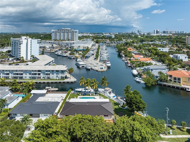 bird's eye view with a water view and a city view