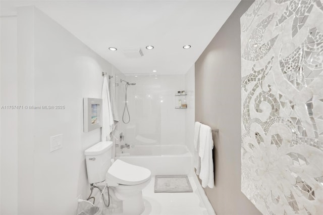 bathroom featuring shower / tub combination, toilet, and recessed lighting