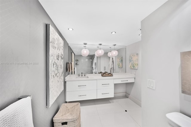 full bathroom featuring toilet, recessed lighting, vanity, a shower, and tile patterned floors