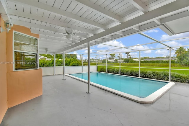 8790 SW 84th St, Miami, FL 33173 - pool with glass enclosure, a patio, a lawn, and ceiling fan
