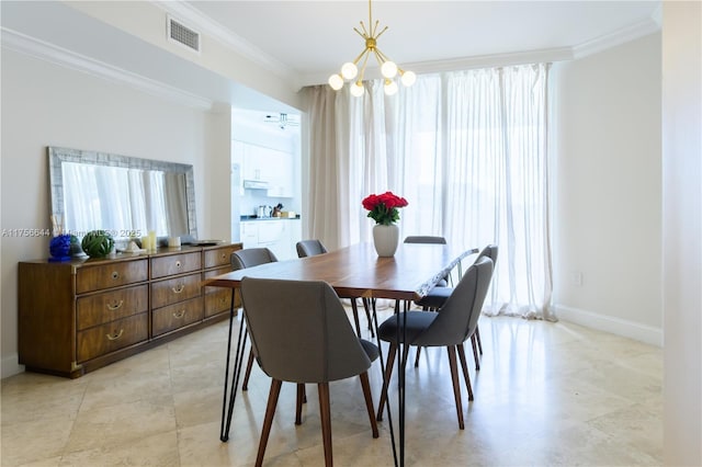 dining room with visible vents, baseboards, a notable chandelier, and ornamental molding