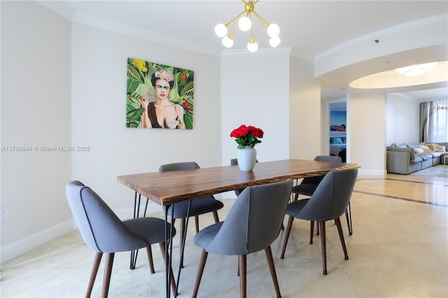 dining space with light tile patterned floors, baseboards, a notable chandelier, and ornamental molding