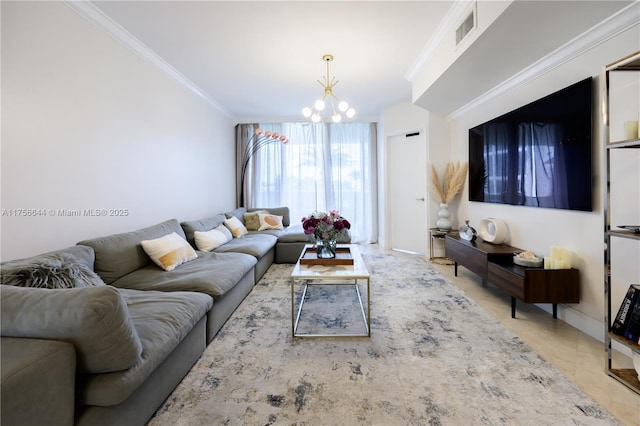 living room with visible vents, baseboards, a notable chandelier, and crown molding