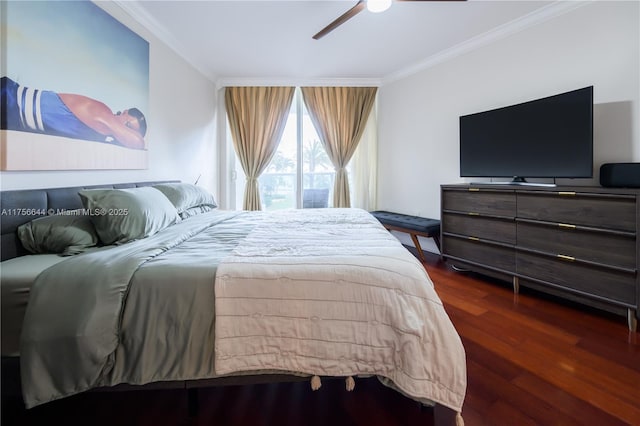 bedroom with dark wood-type flooring, ceiling fan, and ornamental molding