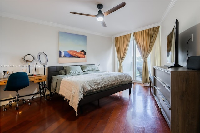 bedroom featuring dark wood finished floors, crown molding, access to exterior, and ceiling fan