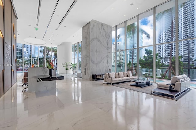 building lobby featuring a view of city