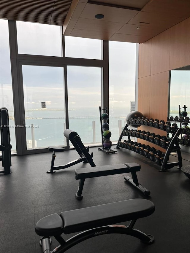 exercise room with floor to ceiling windows