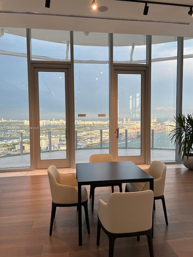 dining area featuring a wall of windows, a city view, and wood finished floors