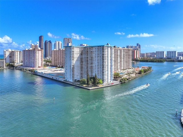 aerial view featuring a view of city and a water view