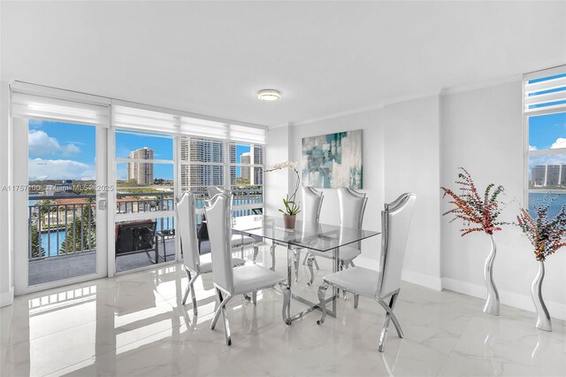 dining room featuring baseboards, ornamental molding, a view of city, and floor to ceiling windows