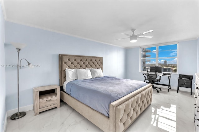 bedroom featuring baseboards, marble finish floor, a ceiling fan, and crown molding