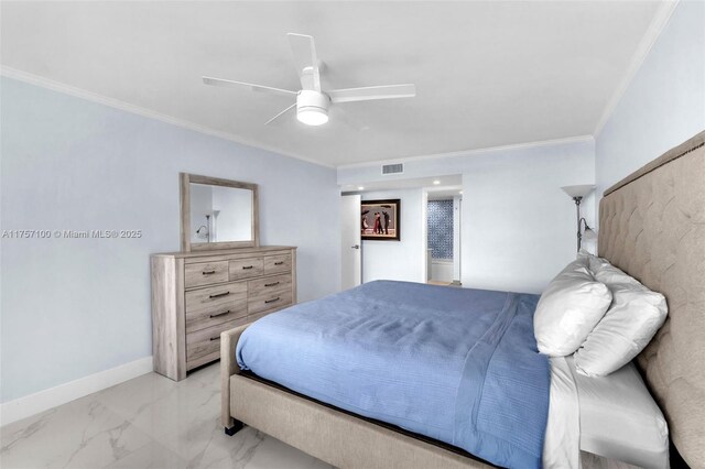 bedroom featuring ceiling fan, visible vents, baseboards, marble finish floor, and crown molding