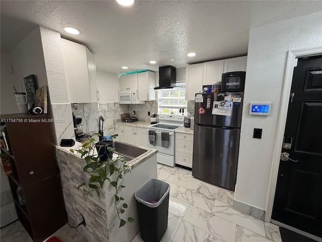 kitchen with tasteful backsplash, white appliances, a textured ceiling, marble finish floor, and ventilation hood