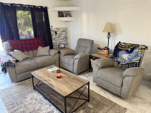 living area with marble finish floor