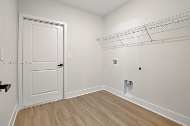 laundry room featuring light wood-style flooring, laundry area, washer hookup, baseboards, and electric dryer hookup