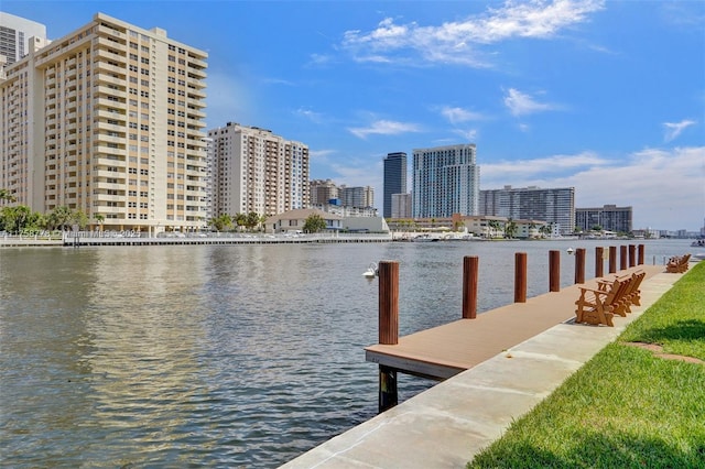 dock area featuring a water view and a city view