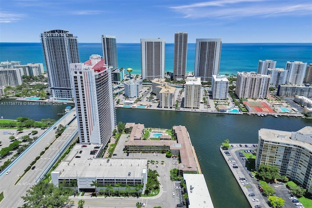 bird's eye view featuring a water view and a city view