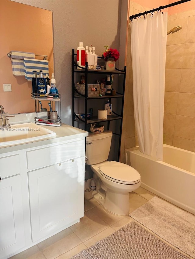 full bathroom with toilet, shower / tub combo, tile patterned flooring, and vanity