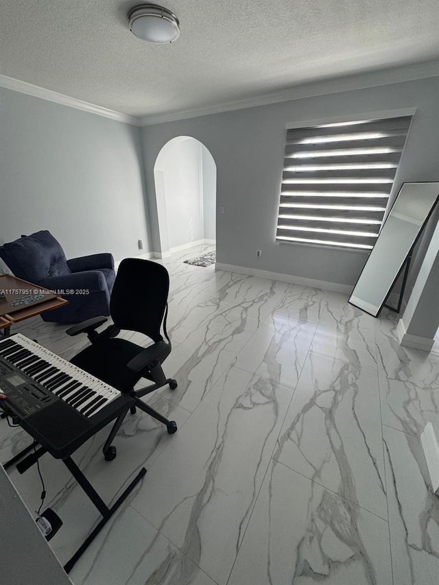 office with crown molding, baseboards, arched walkways, and a textured ceiling