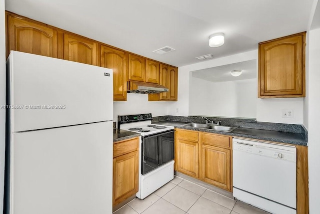 kitchen featuring dark countertops, visible vents, a sink, white appliances, and under cabinet range hood