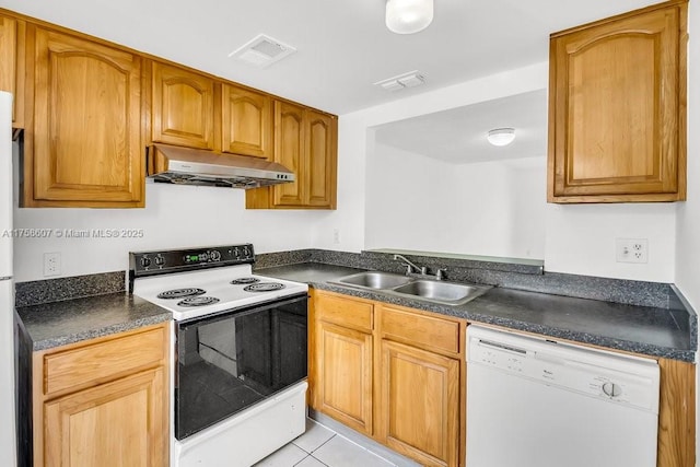 kitchen with under cabinet range hood, white appliances, a sink, visible vents, and dark countertops