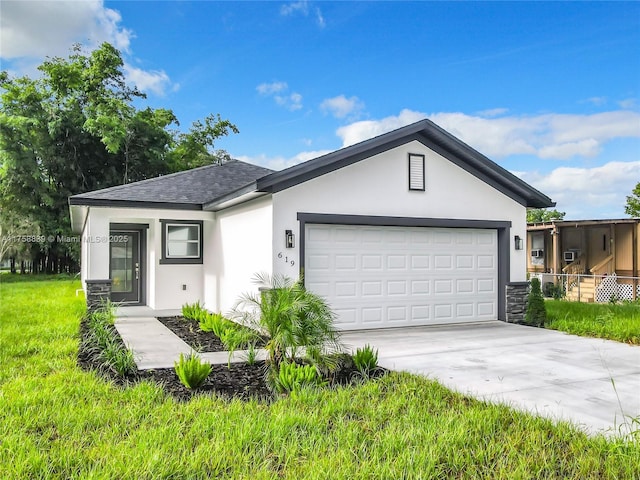 ranch-style home featuring stucco siding, driveway, stone siding, a shingled roof, and a garage