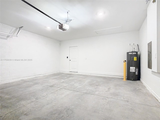 garage with electric panel, a garage door opener, and water heater