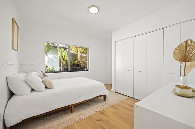 bedroom with light wood-type flooring and a closet