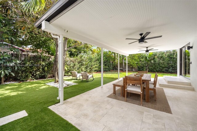 view of patio / terrace featuring ceiling fan, outdoor dining area, and a fenced backyard